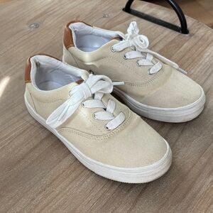 J. Crew Cream Canvas Sneakers with Tan Accents